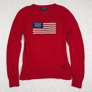 Lauren Ralph Lauren American Flag 100% Cotton Knit Sweater Red Preppy Small